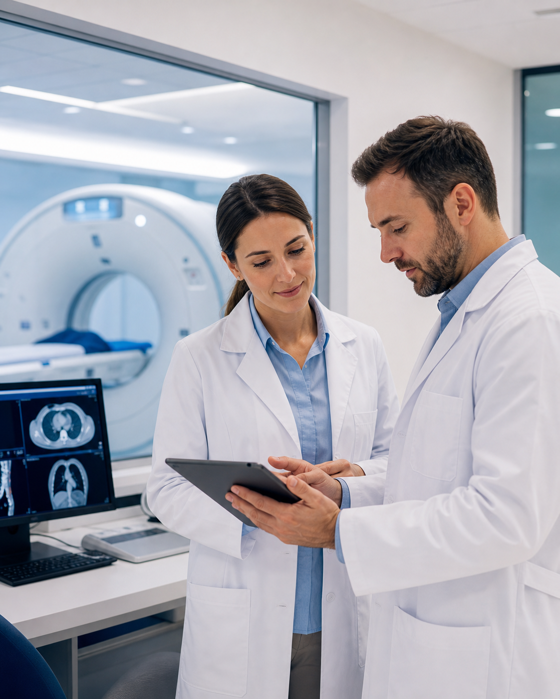 Físicos médicos avaliando qualidade e segurança em diagnóstico por imagem